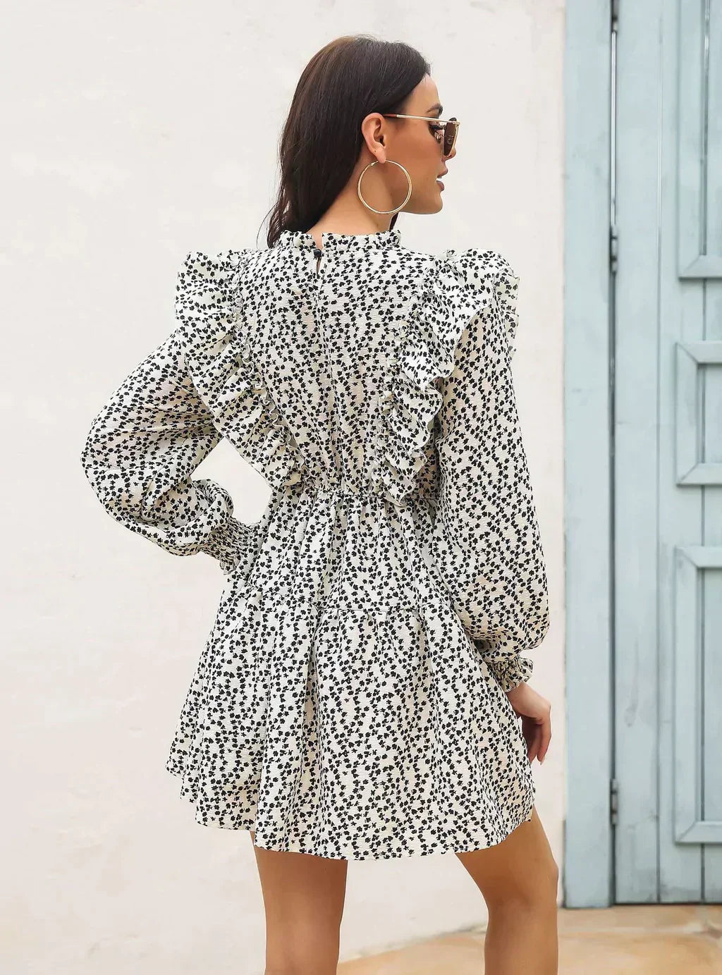 Wood Ear Collar Long Sleeve Printed Dress With Ruffled Detail M / Black Dresses