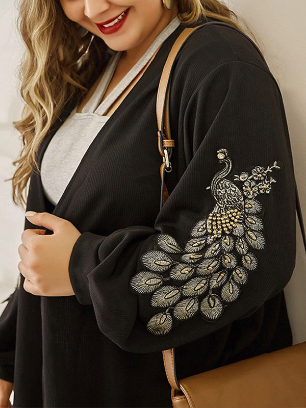 Black Open Front Peacock Embroidery Long Sleeve Longline Cardigan 6