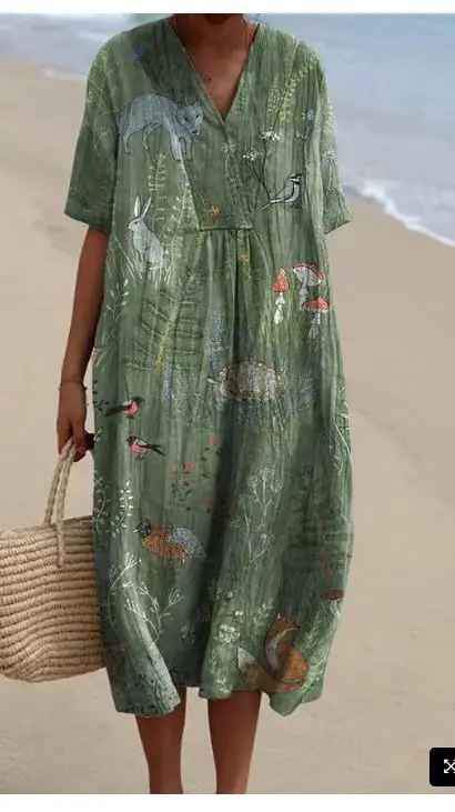 V-Neck Short Sleeve Vintage Rose Floral Linen Midi Dress