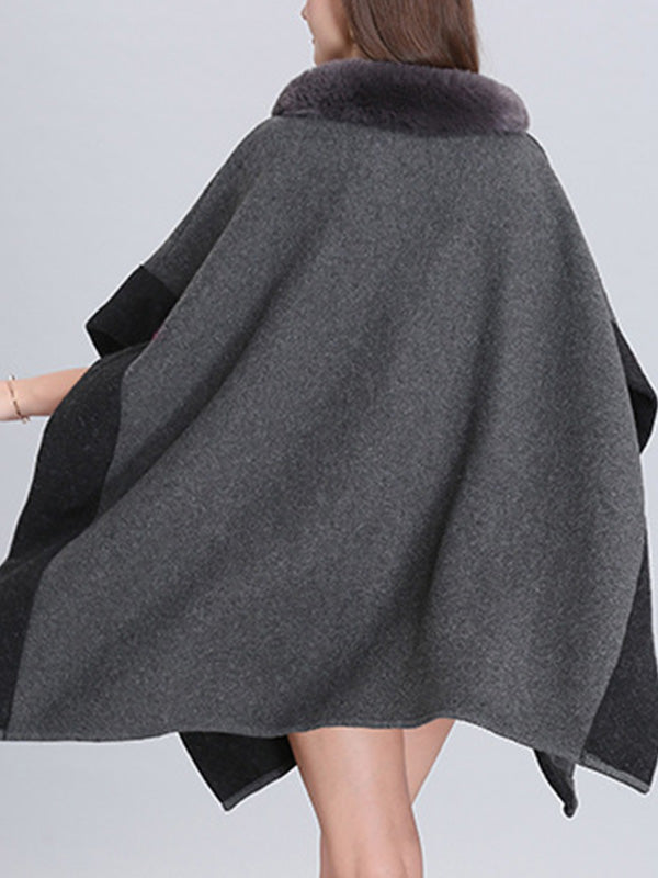 Faux Fur Collar Contrast Trim Pocket Knit Cape
