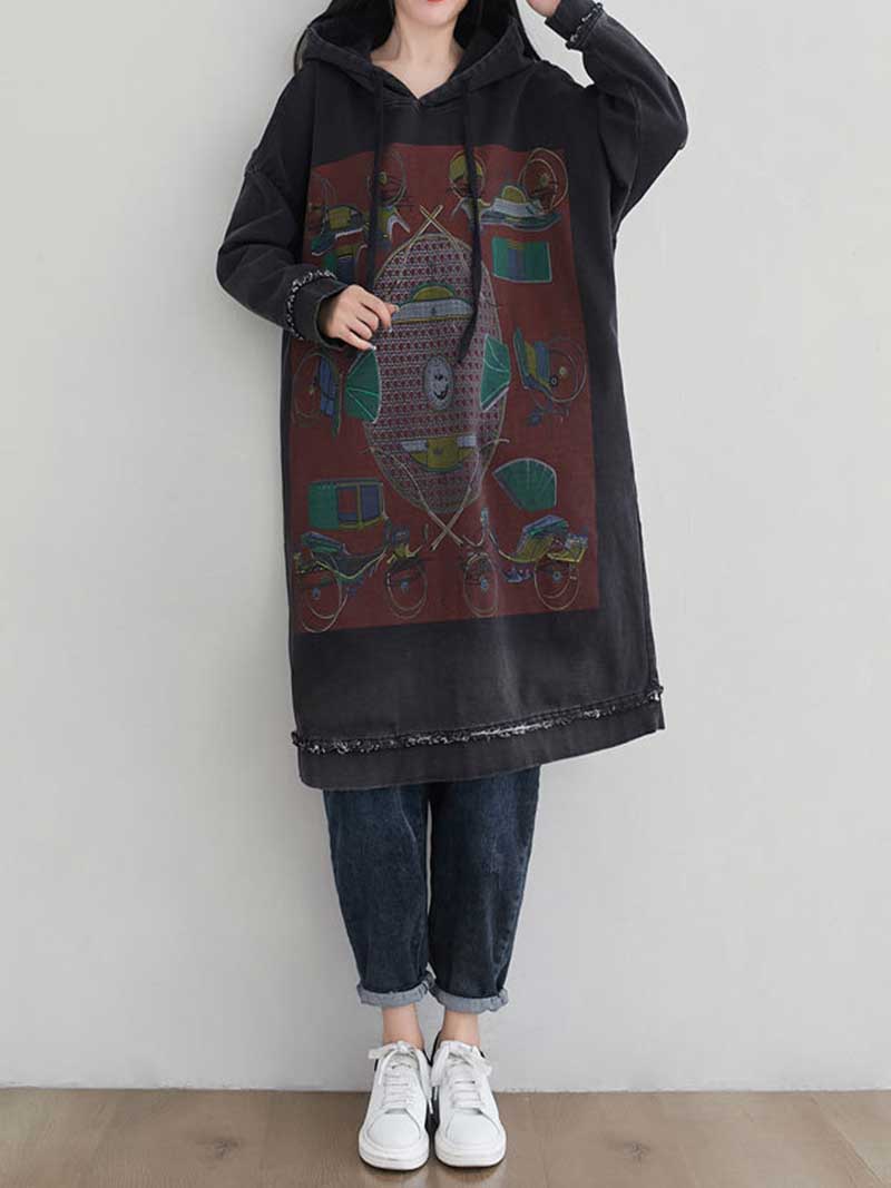Hooded Graphic Print Frayed Hem Oversized Sweatshirt Midi Dress