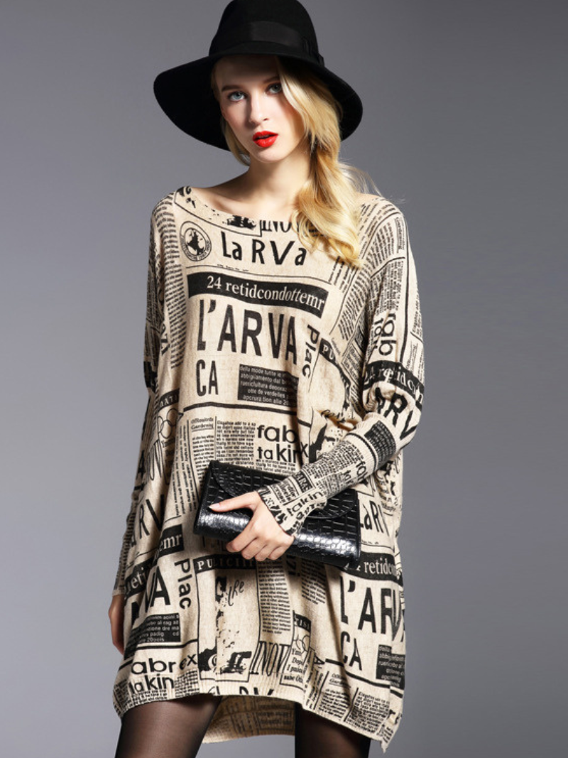 Round Neck Newspaper Print Oversized Loose Knit Sweater 6