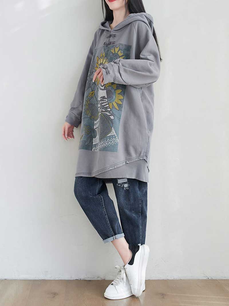 Hooded Floral Graphic Print Longline Sweatshirt Hoodie