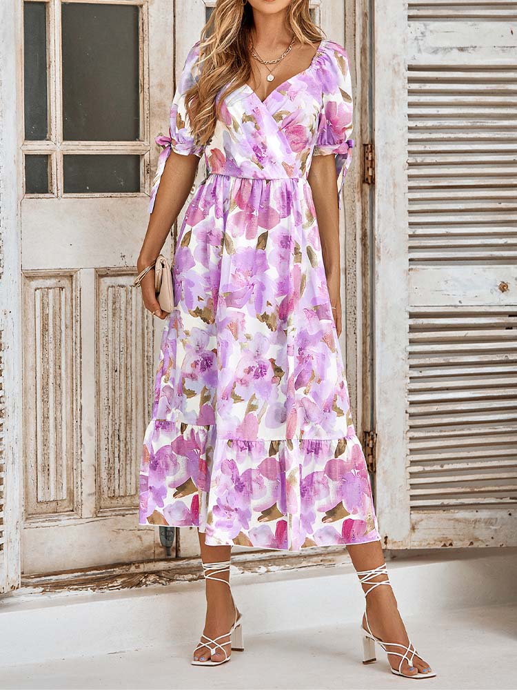 Sweet Short Sleeve Print Midi Dress