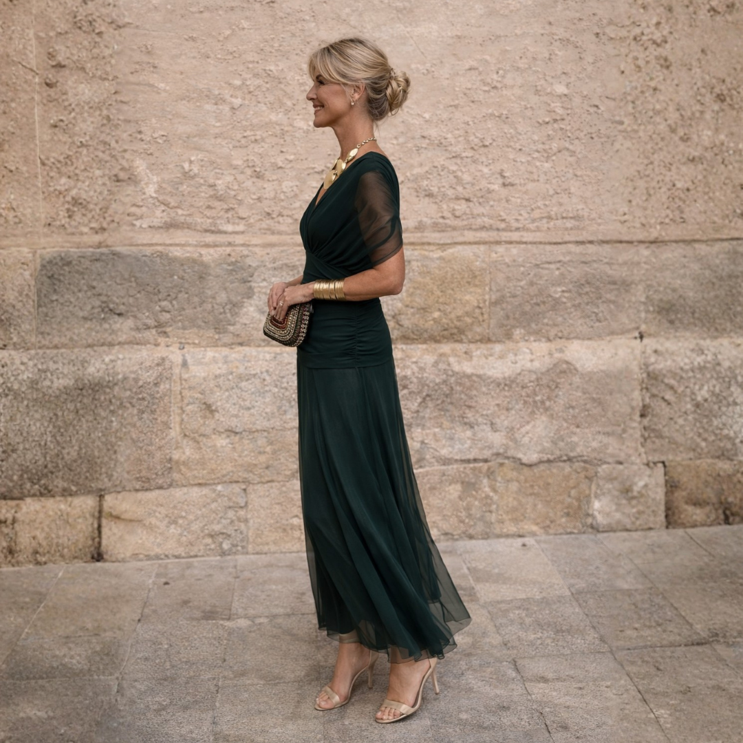 Military Green V-Neck Short Sleeve Ruched Waist Chiffon A-Line Maxi Dress
