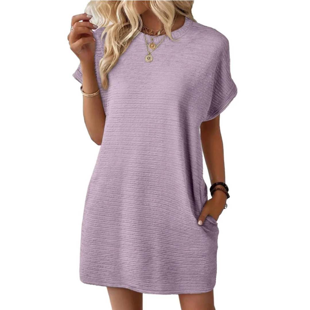 Round Neck Textured Cuffed Sleeve Pocket Shift Mini Dress