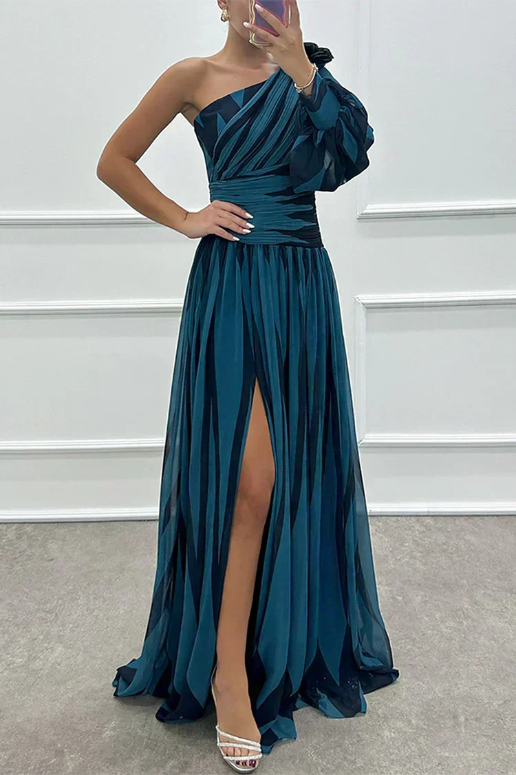 One Shoulder Striped One Sleeve Ruched High Slit Maxi Dress
