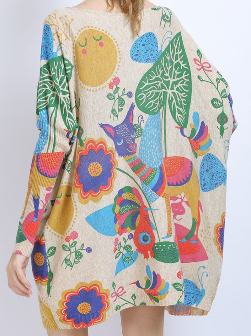 Boat Neck Abstract Print Long Sleeve Knit Mini Dress