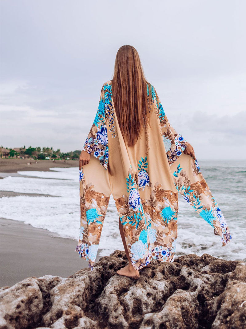 Brown Floral Print Belted Long Kimono Beach Cover-Up Robe