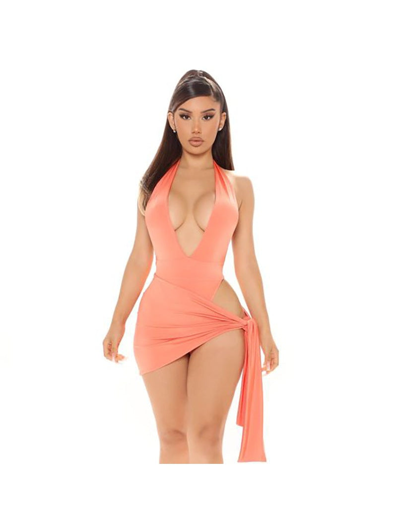 Pure color halter neck V-neck strapless backpack hip skirt suit