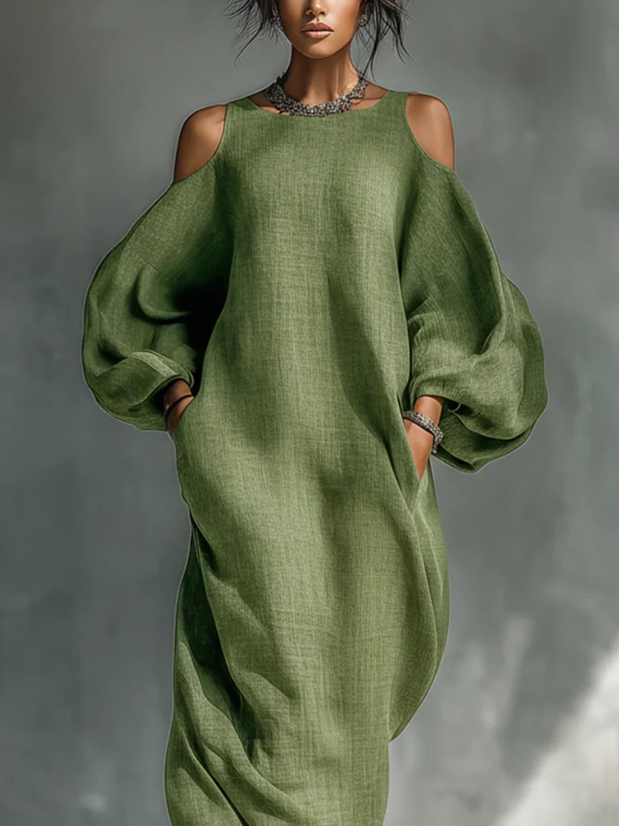 Turquoise Round Neck Cold Shoulder Long Sleeve Linen Oversized Maxi Dress