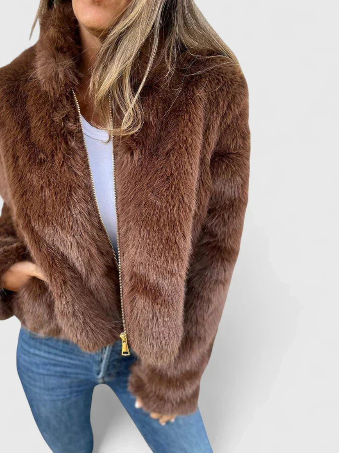 Stand Collar Faux Fur Zip Front Cropped Jacket