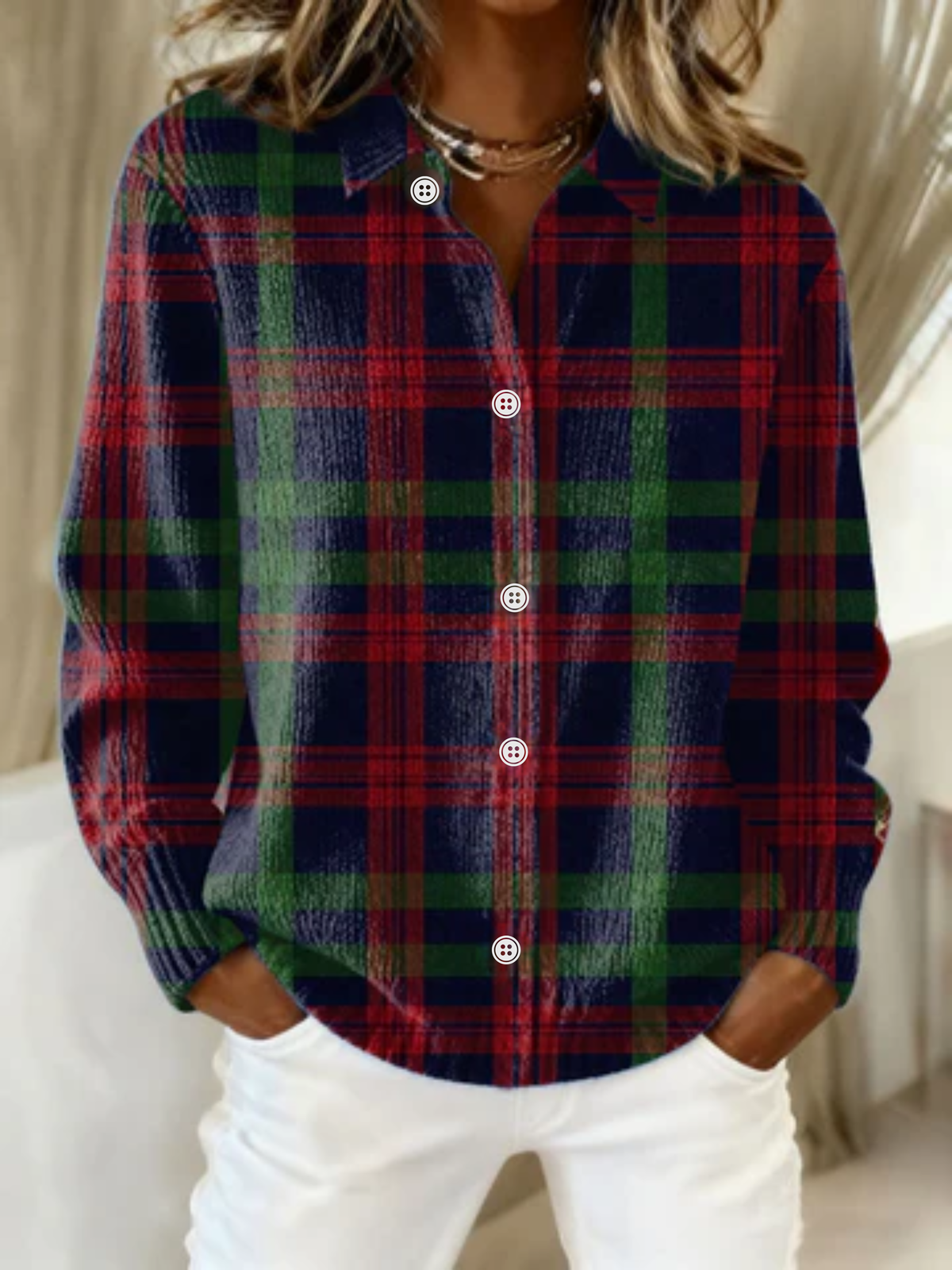 Multicolored Collared Button-Up Tartan Check Long Sleeve Shirt