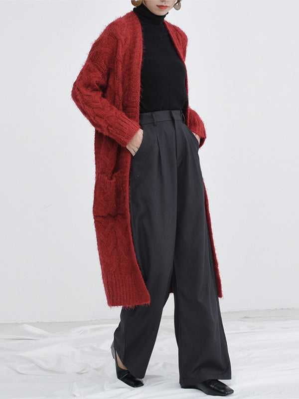 Open Front Cable Knit Fuzzy Longline Pocket Cardigan 7