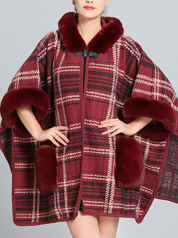 Hooded Faux Fur Trim Plaid Pocket Cape Cardigan