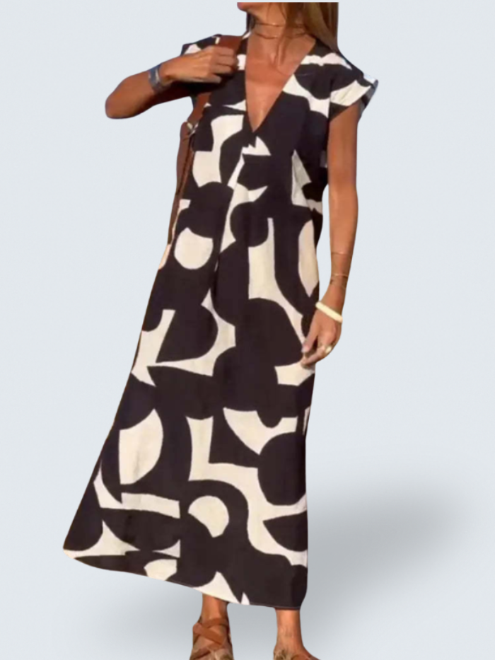 V-Neck Flutter Sleeve Geometric Print A-Line Maxi Dress