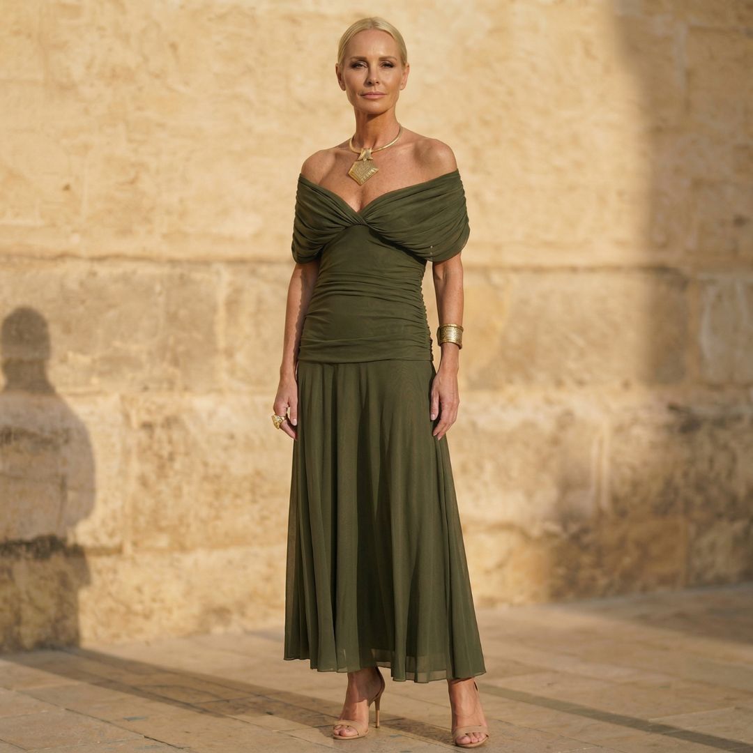 Olive Green Off-Shoulder Twist Front Ruched Chiffon A-Line Maxi Dress