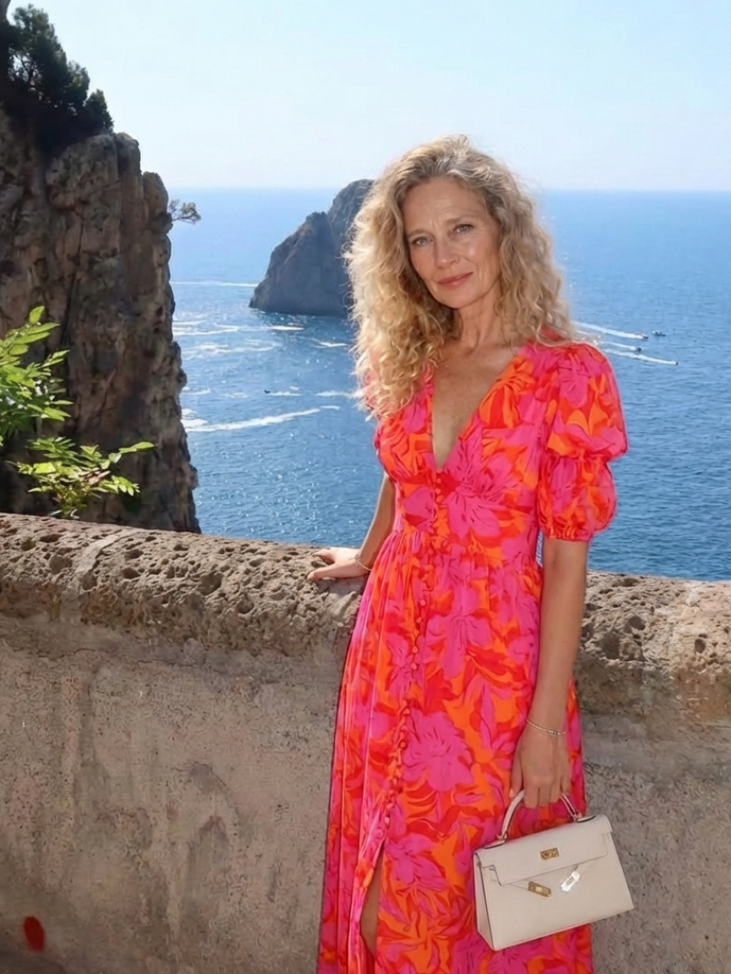 Pink V-Neck Floral Puff Sleeve Button Front Flowy Maxi Dress