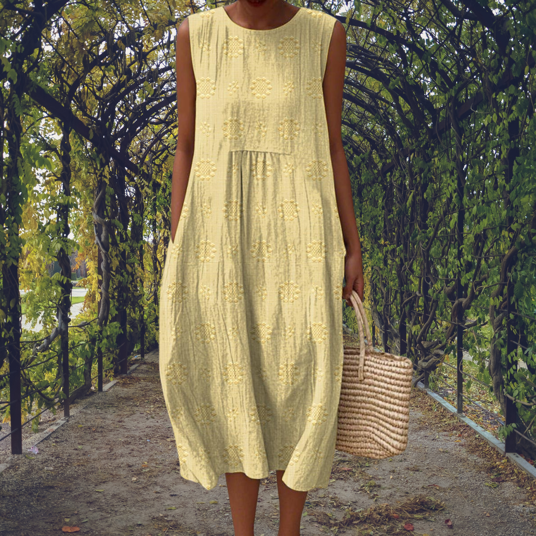 Round Neck Textured Floral Jacquard Sleeveless Pocket Midi Dress