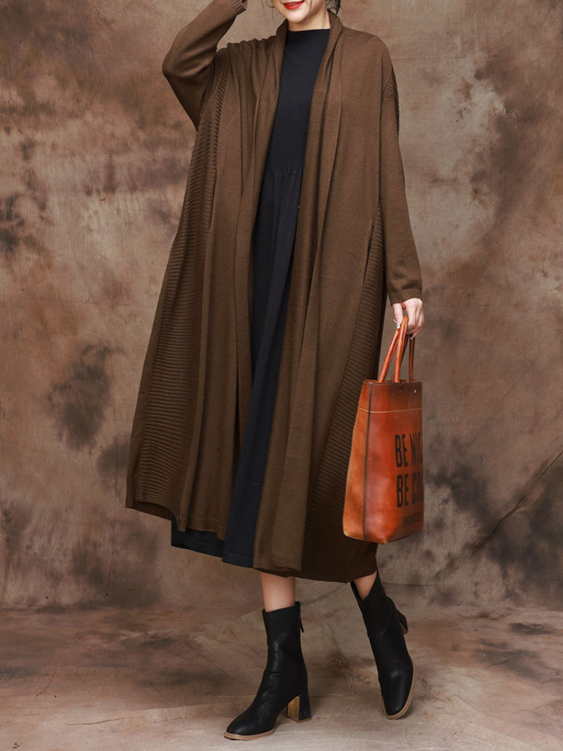 Shawl Collar Open Front Side Pocket Long Cardigan Coat 2
