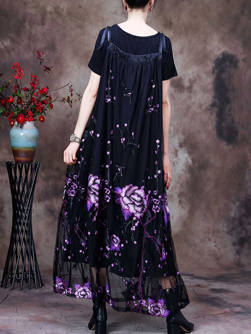 Adjustable Strap Rose Embroidered Mesh A-Line Pinafore Maxi Dress