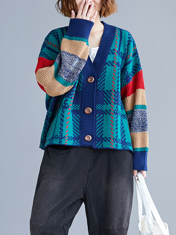 Green V-Neck Button Front Plaid Knit Striped Sleeve Cardigan