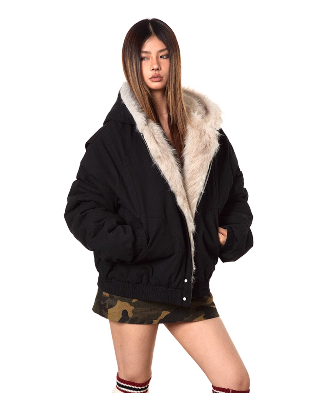 Fur-Lined Oversized Bomber Jacket