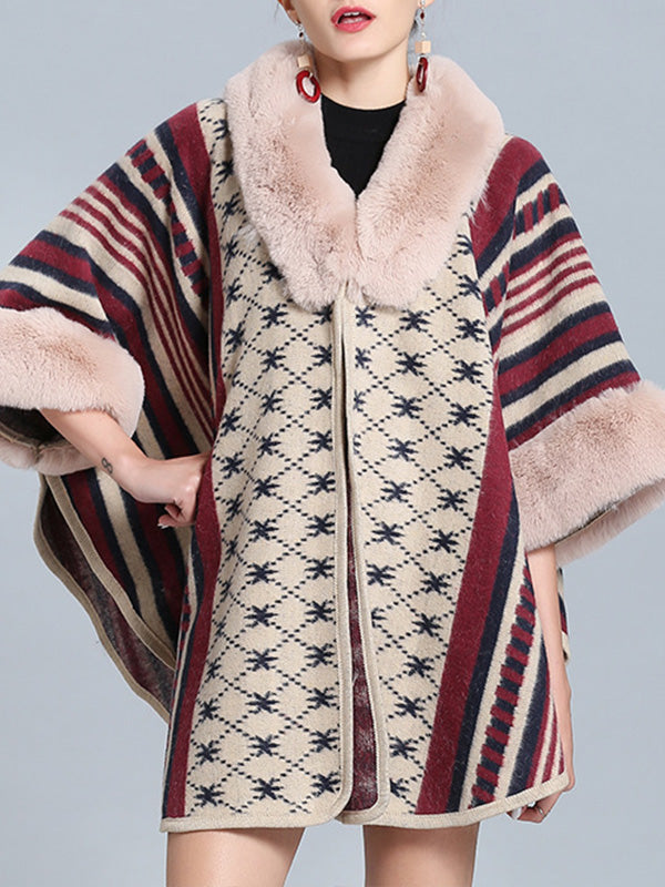 Faux Fur Collar Striped Aztec Print Cape Cardigan 9