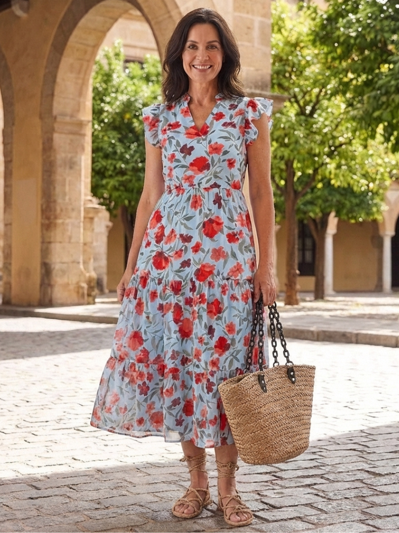 Split Neck Floral Print Ruffle Sleeve Tiered A-Line Maxi Dress
