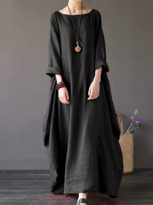 Round Neck Long Sleeve Loose Cotton Cocoon Maxi Dress