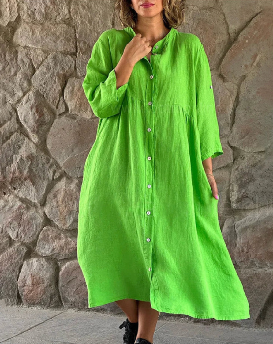 Grecia Chic Casual Long Dress with Button Elevated Occasion Wear
