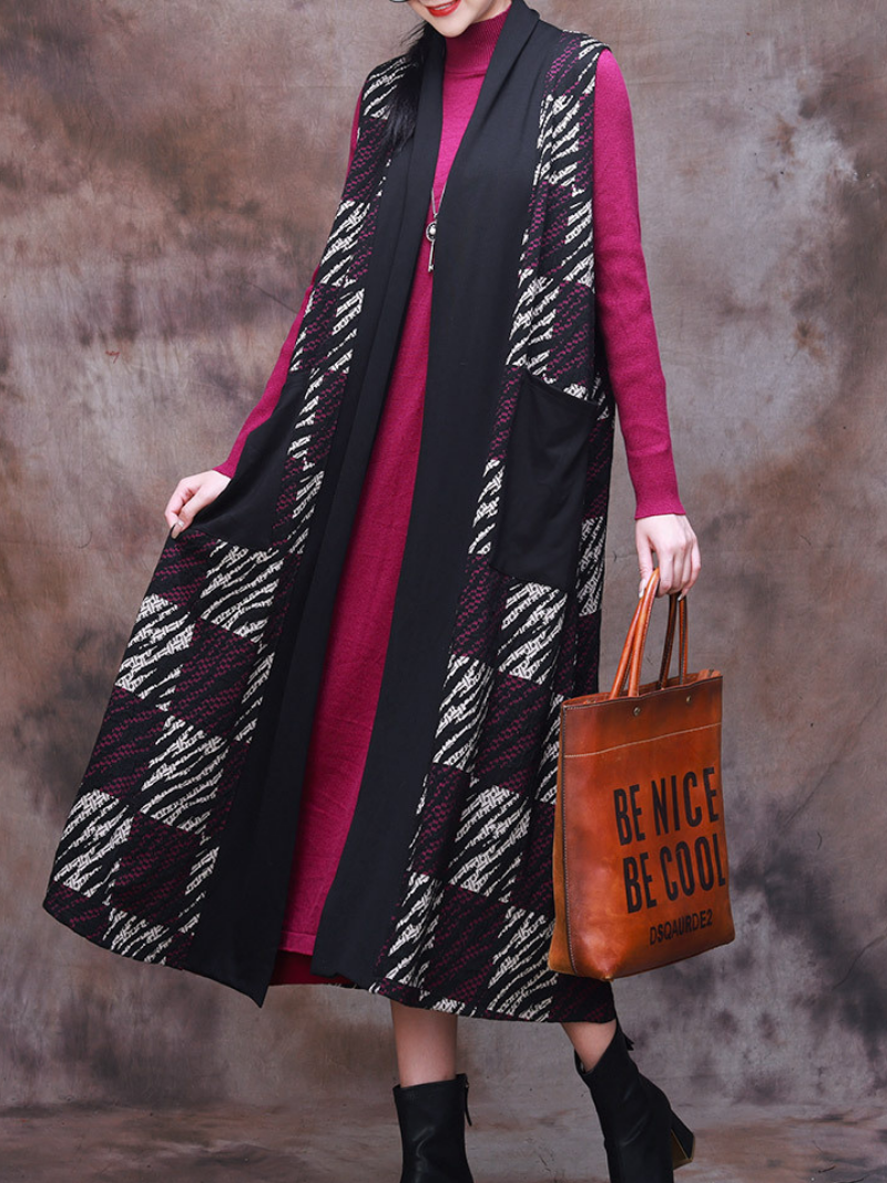 Open Front Sleeveless Plaid Patchwork Longline Vest