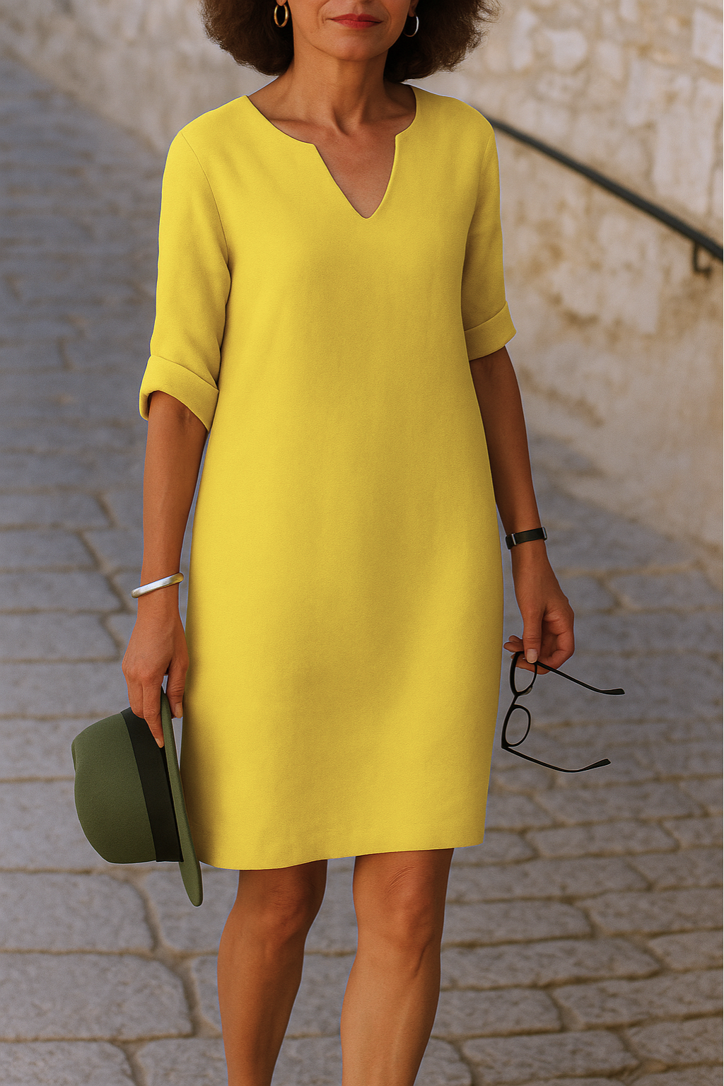 Notch Neck Half Sleeve Linen Shift Midi Dress 7