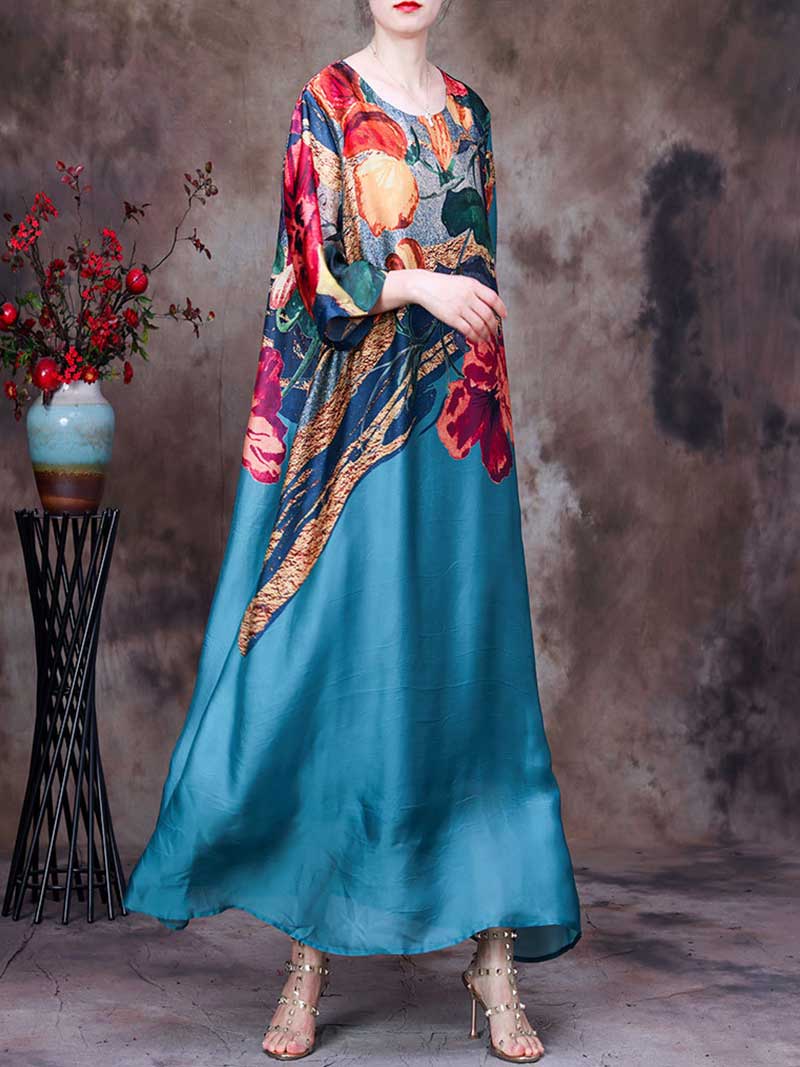 Round Neck Batwing Sleeve Floral Colorblock Loose Maxi Dress 7