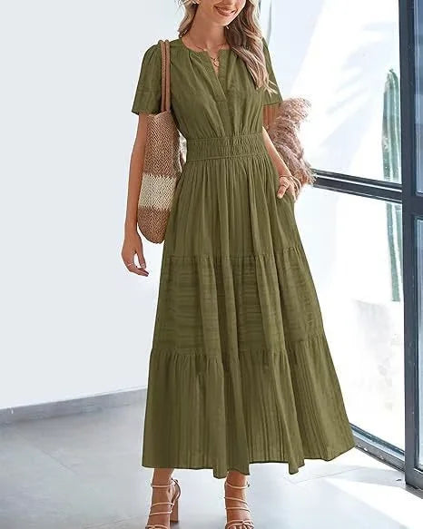 v-neck pleated puff sleeve dress black