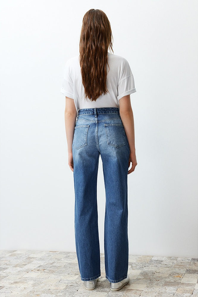 Washed Ripped High-Waist Drapey Straight Leg Jeans