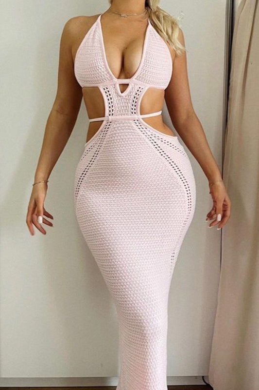 Plunging Halter Neck Crochet Waist Cut Out Open Knit Maxi Dress 12