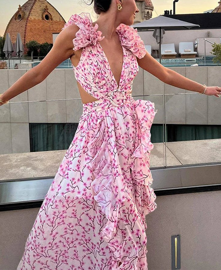 Ruffle Split Laceup Floral Dress