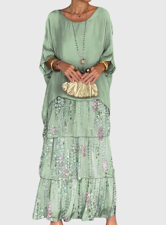 Round Neck Chiffon Batwing Sleeve Layered Tiered Flowy Maxi Dress