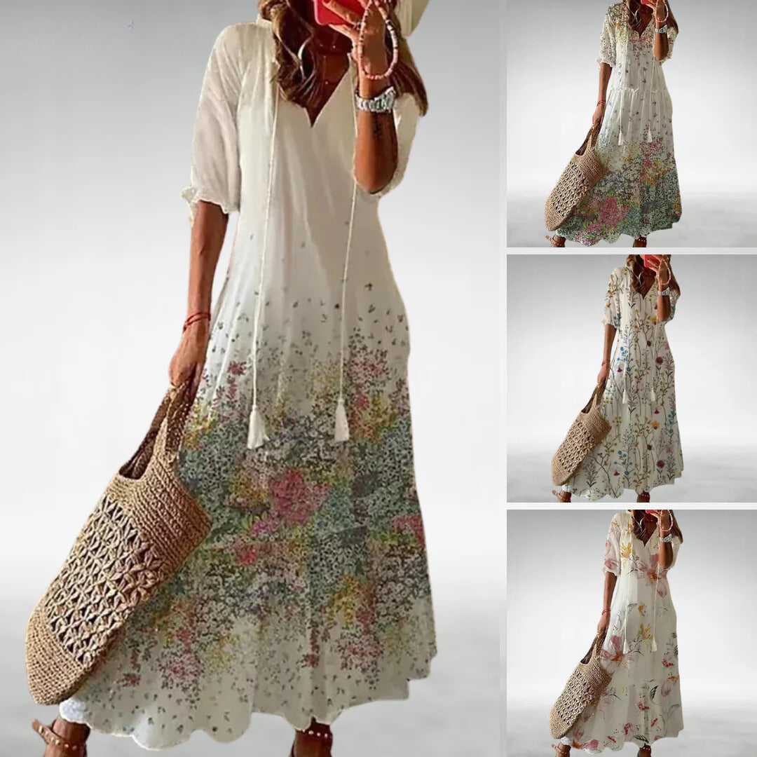 V-Neck Tie Floral Half Sleeve Flowy A-Line Maxi Dress