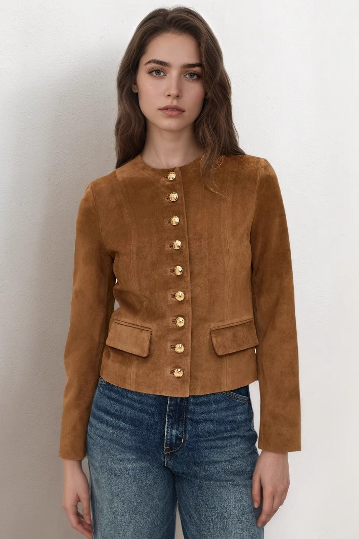 Classic Metallic Button Suede Short Jacket
