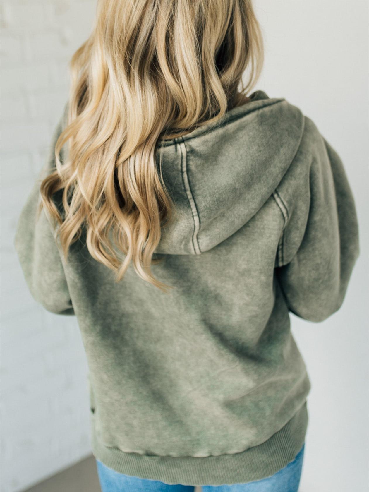 Zip Henley Acid Wash Fleece Hoodie