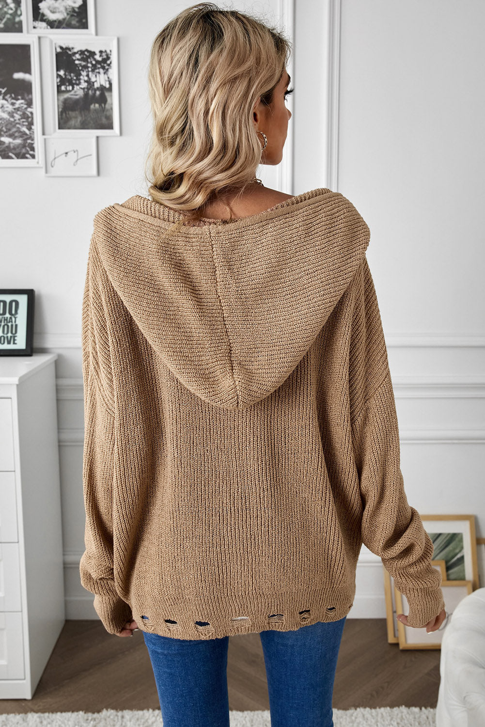 Zip Up Hooded Distressed Drawstring Knit Cardigan