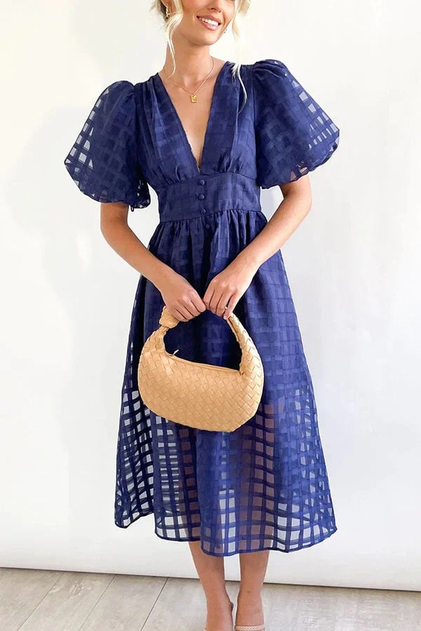 Beautiful square pattern fabric puff sleeve midi