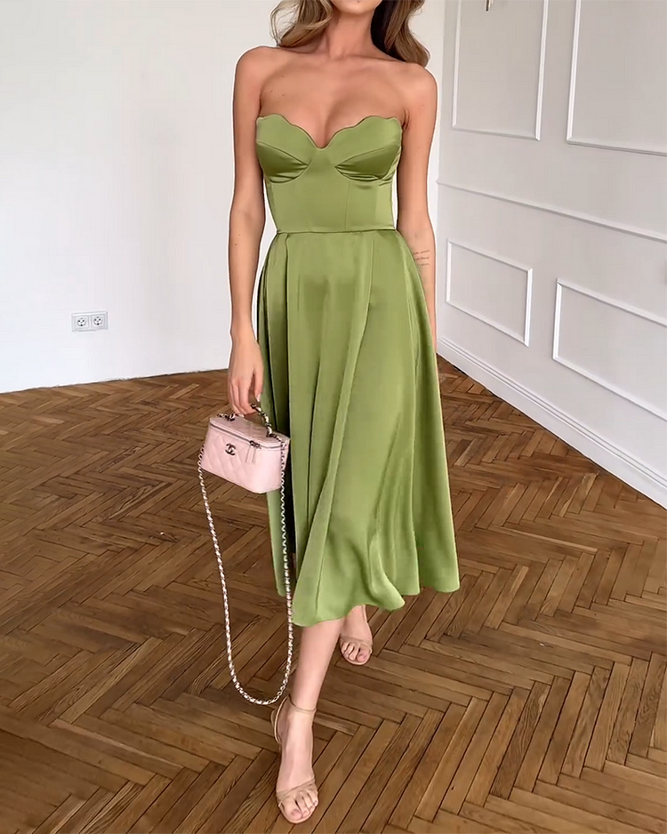Strapless Scalloped Sweetheart Satin Bustier A-Line Midi Dress
