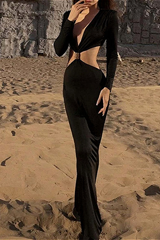 Deep V Lace Cut-Out Slim Long-Sleeve Party Dress