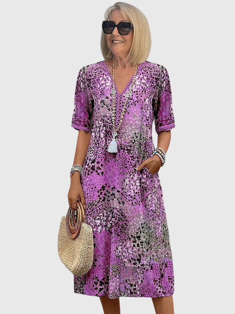 V-Neck Crochet Trim Short Sleeve Floral Print A-Line Midi Dress