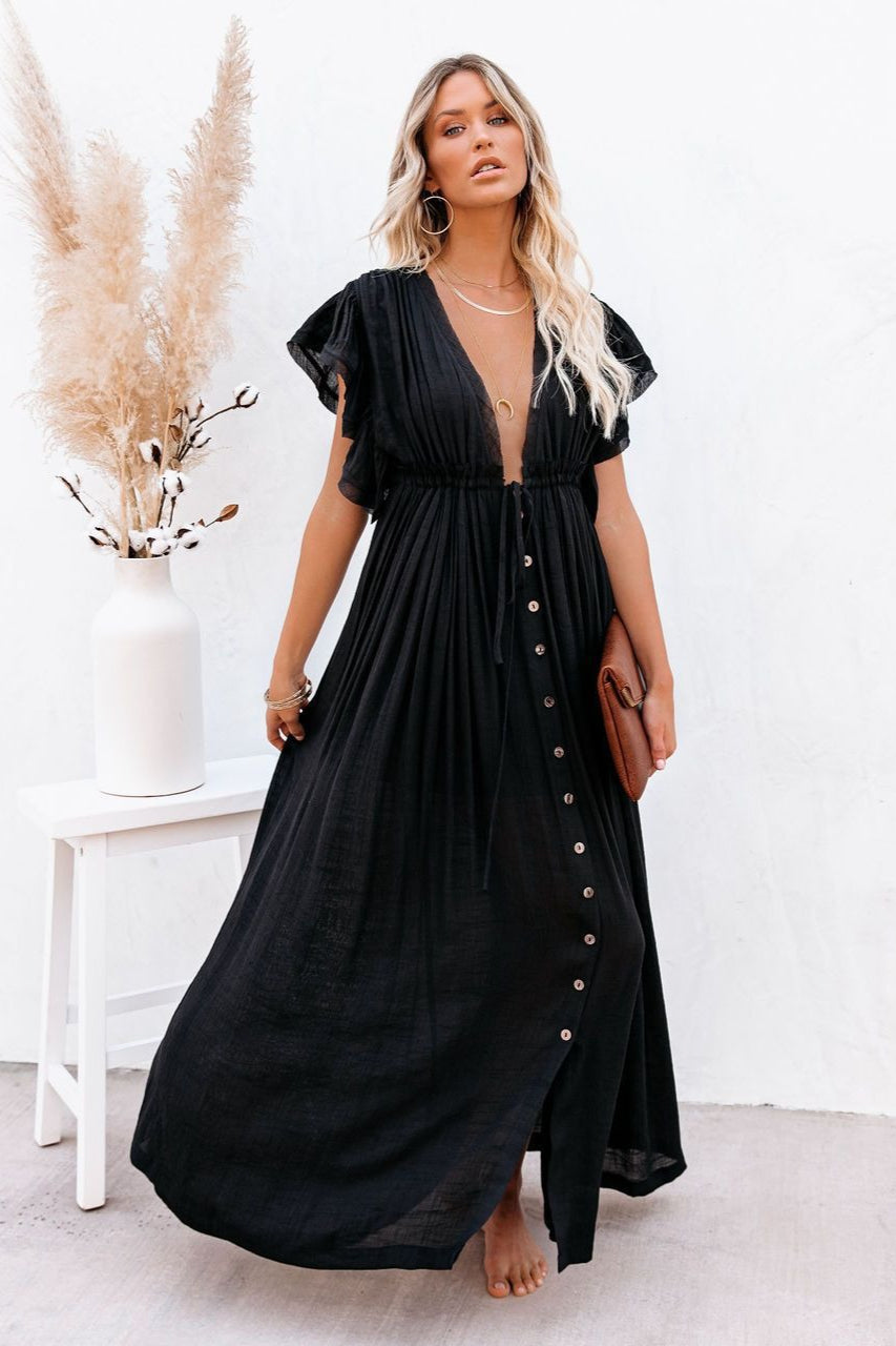 Deep V Neck Ruffle Sleeve Drawstring Waist Button Front Pocket Maxi Dress 11