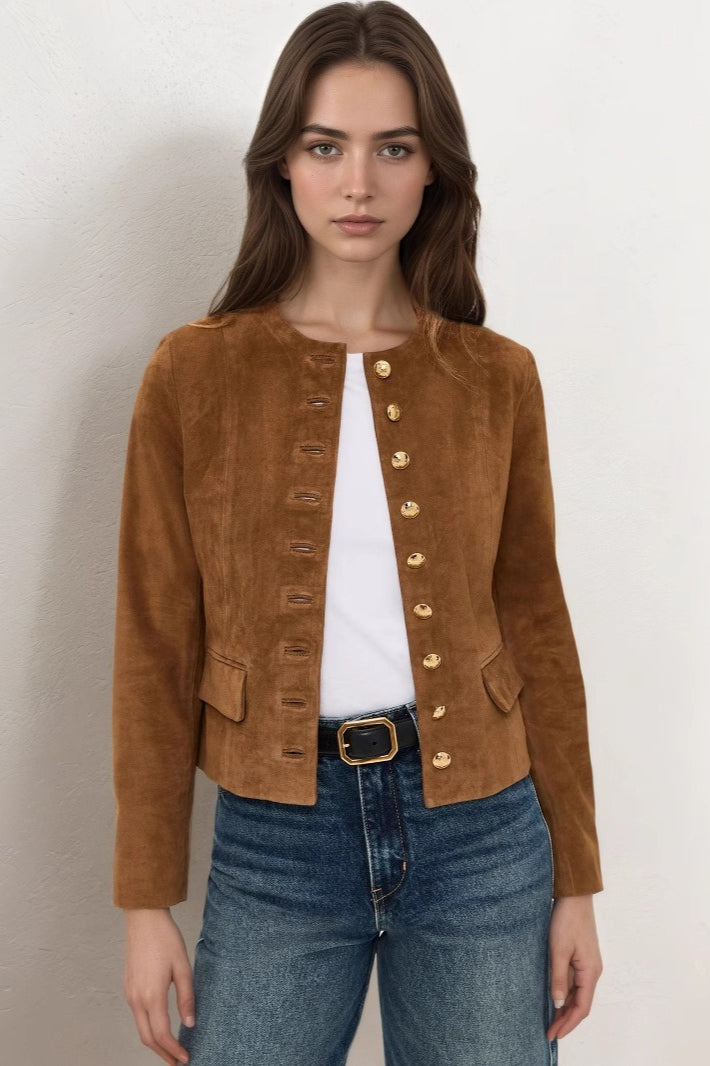 Classic Metallic Button Suede Short Jacket