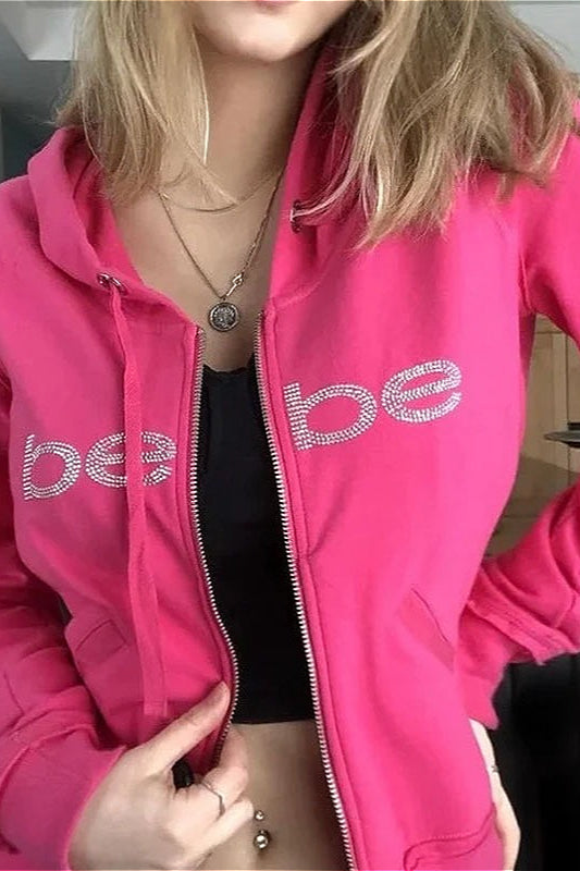 Y2K Retro Bebe Print Pink Rhinestone Hoodie